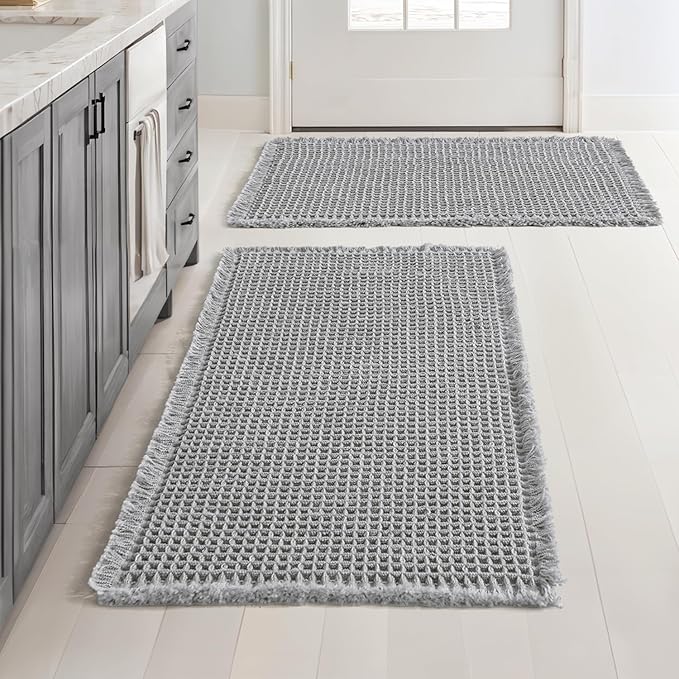 MIULEE Set of 2 Waffle Bathroom Rugs, Boho Bath Rugs Non Slip Washable, Super Absorbent Bath Mats, Ultra Soft Rubber Backed Shower Mats for Bathroom Floor, Tub and Shower, Light Grey, 24x36 Inch