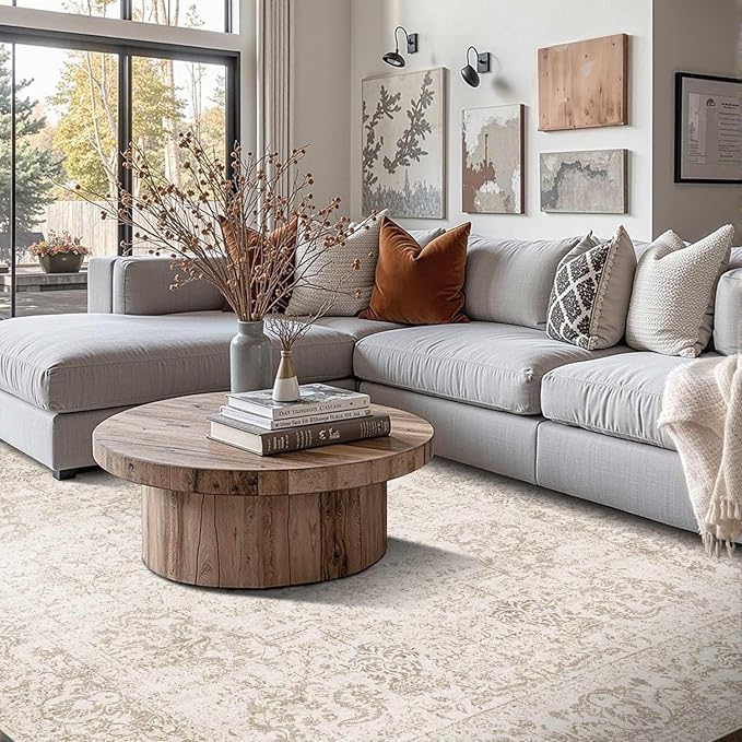 Rugxara 8x10 Area Rugs,Large Rugs for Living Room,Washable Neutral Rug, Vintage Boho Rugs for Office, Kids Room, Farmhouse, Durable Low Pile Non Slip Carpet for High Traffic Areas, Light Bown