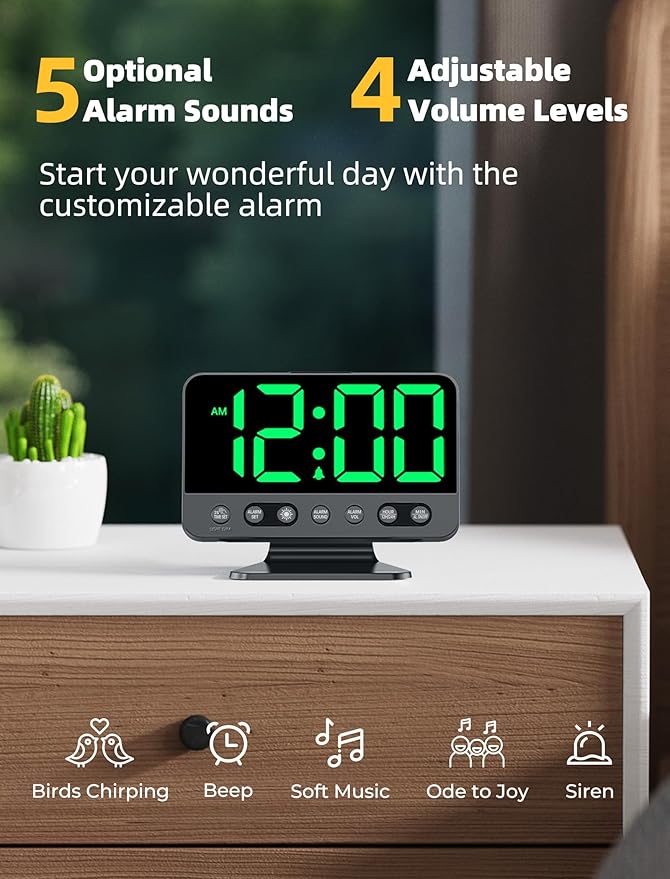 Odokee Digital Alarm Clocks for Bedrooms: Large Bold Number 5 Brightness Dimmer - Easy to Read Across The Room - 5 Alarm Sound 8 Night Light - Green