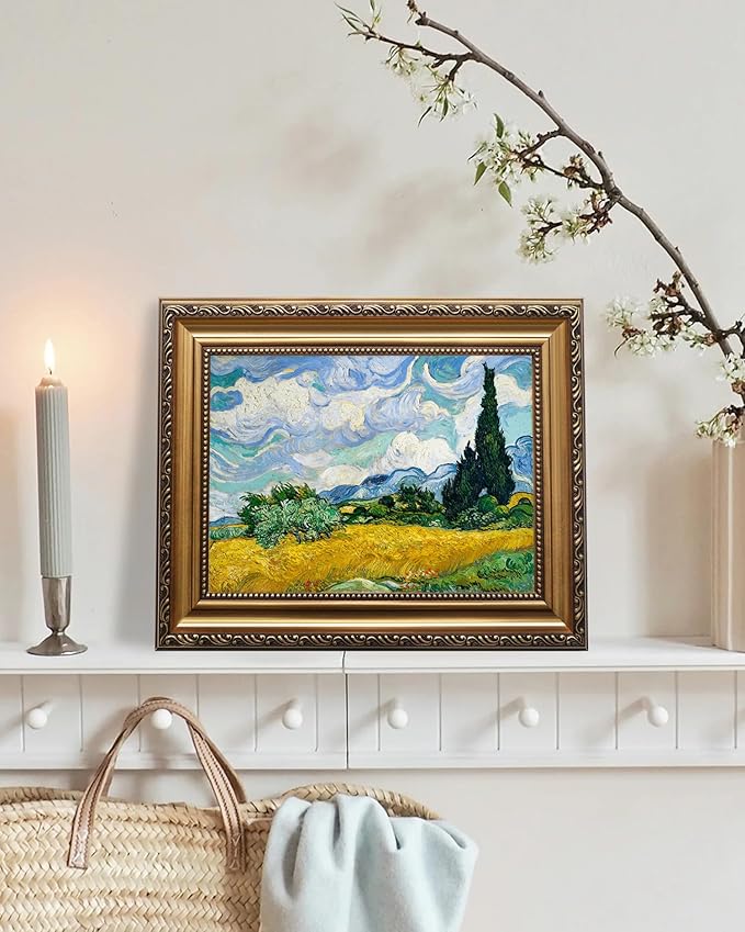 KBKBART Gold Framed Van Gogh Wall Art, Vintage Abstract Wheat Field with Cypress Canvas Impressionist Oil Painting, Farmhouse Country Landscape Wall Decor, Van Gogh Poster Art Prints for Bedroom Living Room, Gallery, Gifts for Friends or Family(9"x12")