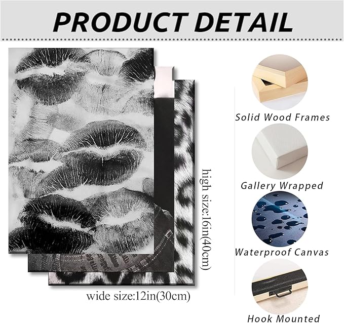 DULASI Set of 3 Fashion Chic Wall Art Kiss Lips Poster Leopard Picture Wall Decor Trendy Y2k Print Black and White Aesthetic Girly Room Decor for Bedroom Living Room Dorm Home Decoration 12"x16"