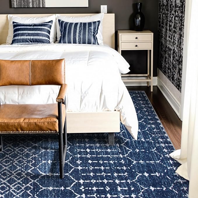 Lahome Moroccan Living Room Rug 9x12 Non-Slip Washable Ultra-Thin Soft Large Area Rug, Modern Geometric Print Stain Resistant Carpet for Bedroom Dining Room, Blue Hana