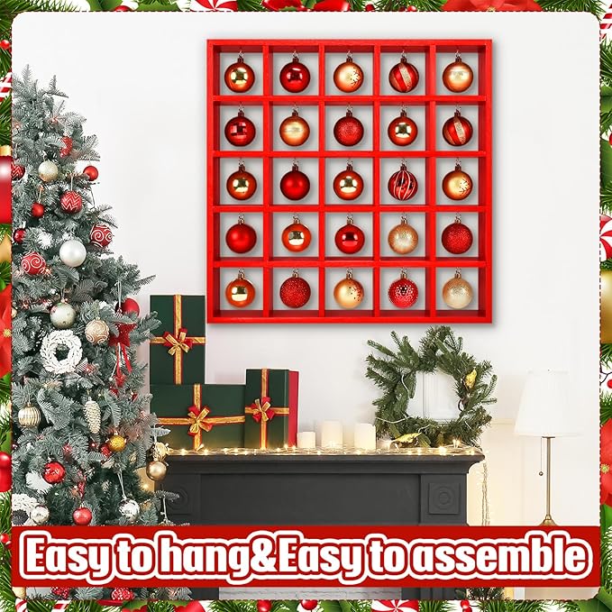 Cinnvoice Christmas Holiday Ornament Displays Rack Wooden Hanging Stand Holder Hanger for Christmas Ball Display Shelf Cabinet for Craft DIY Wall Decorations Gift (Red,25 Compartment)