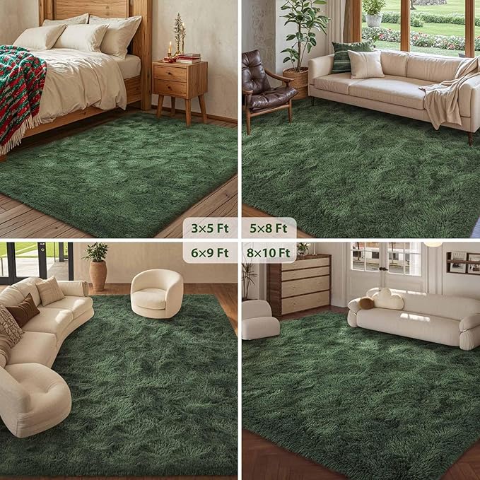 FinRèc 9x12 Feet Green Rug for Living Room Bedroom, Fluffy Fuzzy Shag Rugs, Non-Slip Furry Shaggy Area Rug for Nursery Kids Room Dorm Room Home Decor, Indoor Floor Carpet