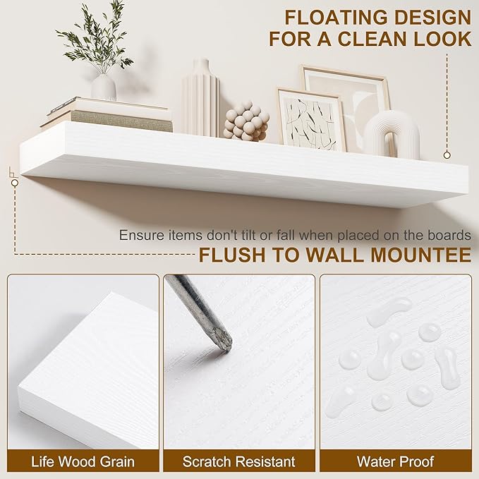 Fun Memories Floating Shelves for Wall, 48Inch Floating Shelves Set of 2, Hanging Shelf with Invisible Brackets, Wood Shelves for Living Room, Bedroom, Kitchen, White