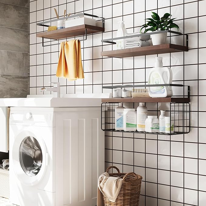 Wood Floating Shelves Wall Mounted - 3+1 Tier Rustic Bathroom Shelves Over Toilet with Wire Storage Basket &Towel Bar, Set of 3 Farmhouse Floating Shelf for Bathroom,Kitchen,Bedroom,Dark Brown.