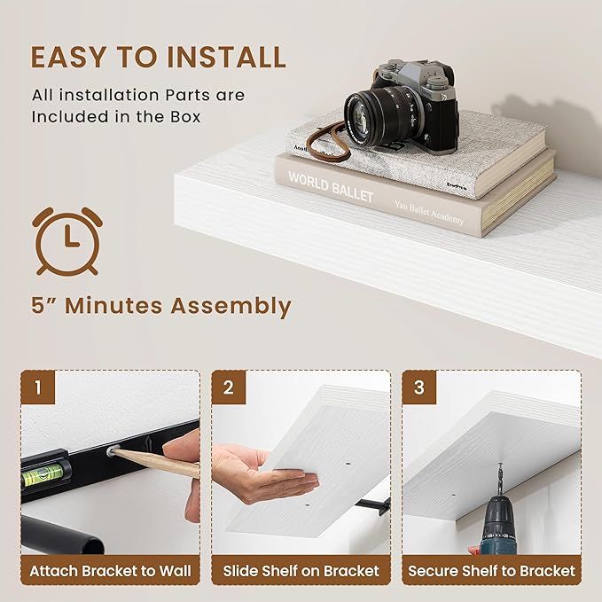 fuqing Floating Shelves for Wall, Wall Mounted Wood Floating Shelf with Invisible Brackets for Living Room, Bathroom, Bedroom, Kitchen Storage and Decor, 20 Inch Set of 2, White