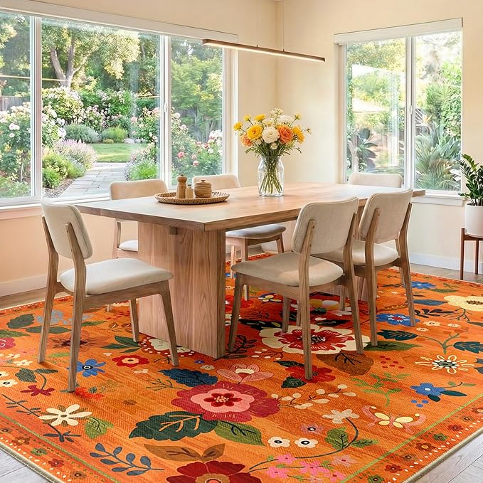 RELEANY Floral Nursery 9x12 Area Rugs Washable Print Boho Cute Carpet Non Slip Flower Low Pile for Living Room Kids Girls Playroom Bedroom Kitchen Office Farmhouse-Burnt Orange