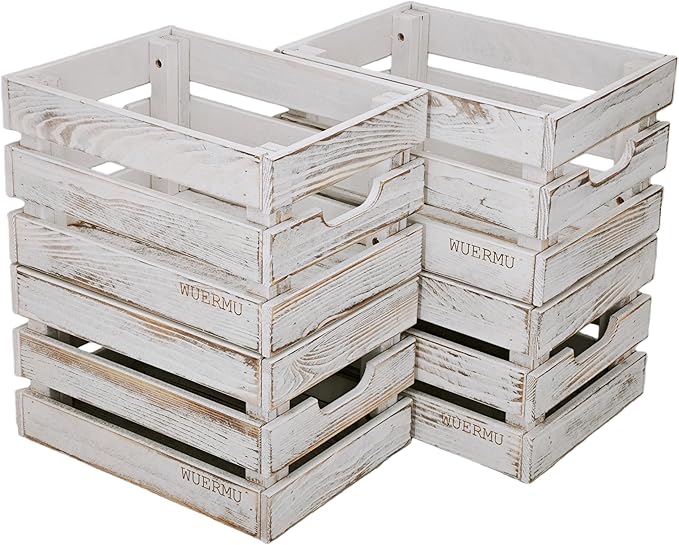White Wooden Crates, Set of 4 for Storage, Milk Crate, Wine Box, Festival Decorations, and Camping, 12.2 Inch Multi-Purpose Sturdy Wood Boxes.