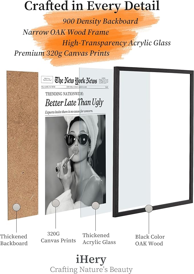 iHery Small Premium Natural Black OAK Wood 8x10in Audrey Hepburn Trendy Framed Wall Art, Vintage Funny Better Late Than Ugly Canvas Bathroom Wall Decor Essential,Girly Dorm Bedroom Living Room 1Pack