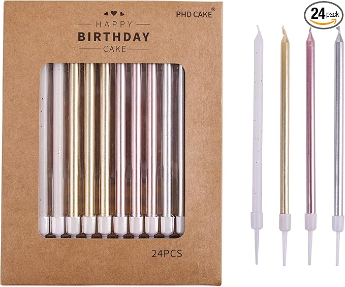 PHD CAKE Gold, Silver, Rose Gold, White, Long Birthday Candles in Holders, Cake Candles, Birthday Parties, Wedding Decorations, Party Candles, Celebrations
