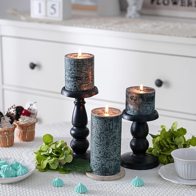 3x6 Inch Dark Green Pillar Candles Set of 3 - Hand-Poured Unscented Candles, Long Clean Burning, Dusty Sage Candle, Smokeless Dripless Candle for Dinner Table, Wedding, Home, Rustic Decor