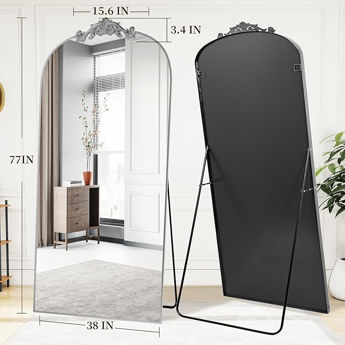 Vintage Full Length Mirror,78"x38" Arched Antique Floor Mirror with Carved Metal Frame,Large Standing Wall Mounted or Leaning Mirror for Bedroom Living Room Entryway,Sliver