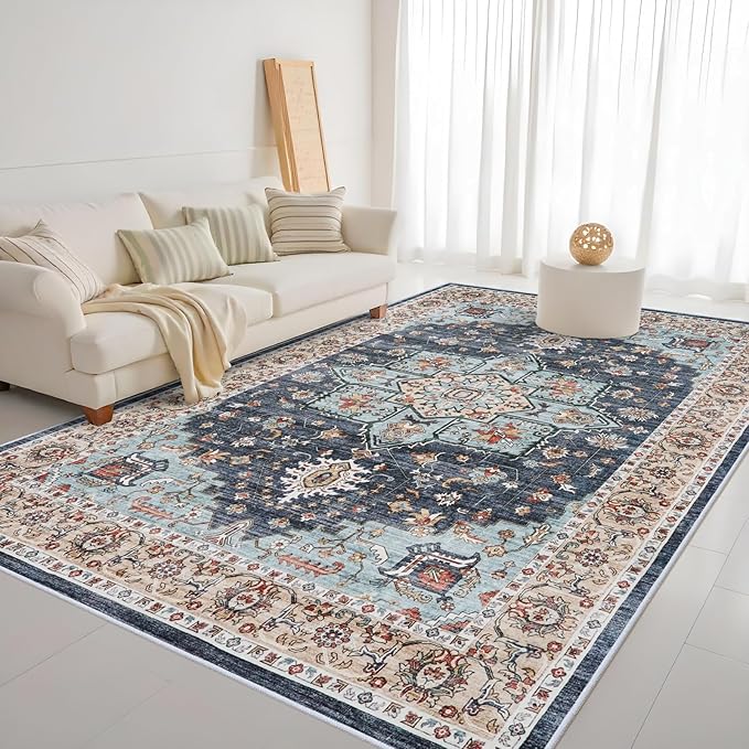 Washable Oriental Area Rug - 10x14 Rugs for Living Room Soft Carpet for Bedroom Waterproof Floral Distressed Indoor Stain Resistant Non-Shedding Floor Carpets (Blue/Teal/Orange, 10X14)