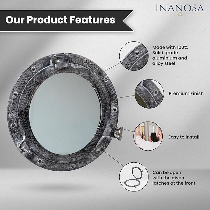 8 Inch Bathroom Wall Decor Ship Porthole Mirror with Antique Gray Finish – Vintage Round Wall Mounted Mirror for Bathroom Vanity, Nautical Pirate Coastal Vintage Home Décor