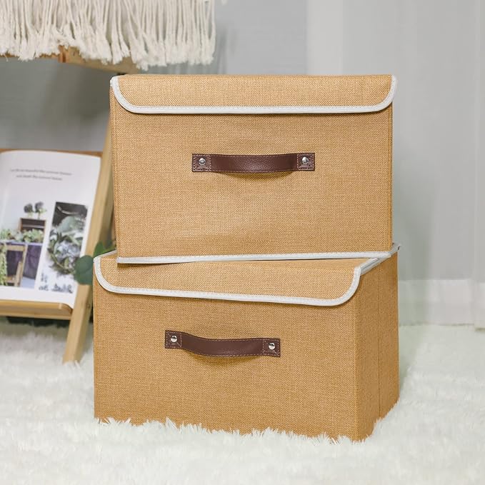 ANMINY 2PCS Storage Bins with Lid PU Leather Handles Storage Boxes PP Plastic Board Decorative Foldable Lidded Cotton Linen Fabric Home Cubes Baskets Closet Organizer Containers - Khaki, Large Size