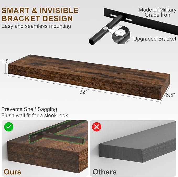 Fun Memories Floating Shelves for Wall, 32Inch Floating Shelves Set of 2, Hanging Shelf with Invisible Brackets, Wood Shelves for Living Room, Bedroom, Kitchen, Brown
