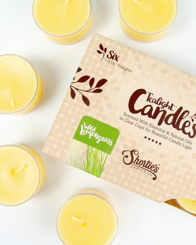 Shortie's Candle Company Wild Lemongrass Premium Tealight Candles - 6 Yellow Highly Scented Tea Lights - Beautiful Candlelight - Made in the USA - Fresh & Clean Collection