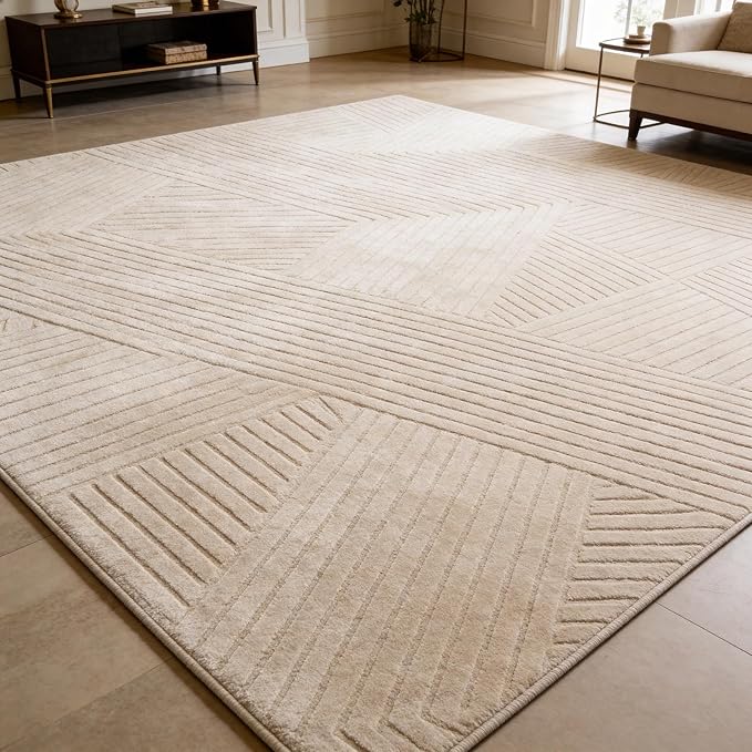 8x10 Solid Color Area Rugs, Brown Modern Geometric Rug, Living Room Rug, Durable Non-Slip Soft High-Low Pile, Fluffy Floor Rugs for Bedroom, Kids Room, Nursery, Home Décor, Light Brown