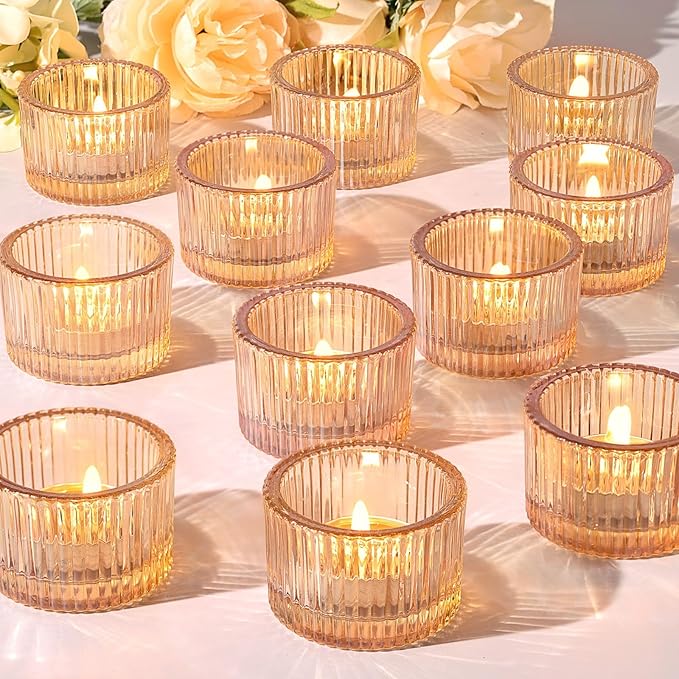 HAVITI 24 Pack Tealight Gold Candle Holders, Votive Tea Light Candle Holder Glass for Gold Centerpieces Fall Wedding Table Decor, Party Supplies, Home Decor