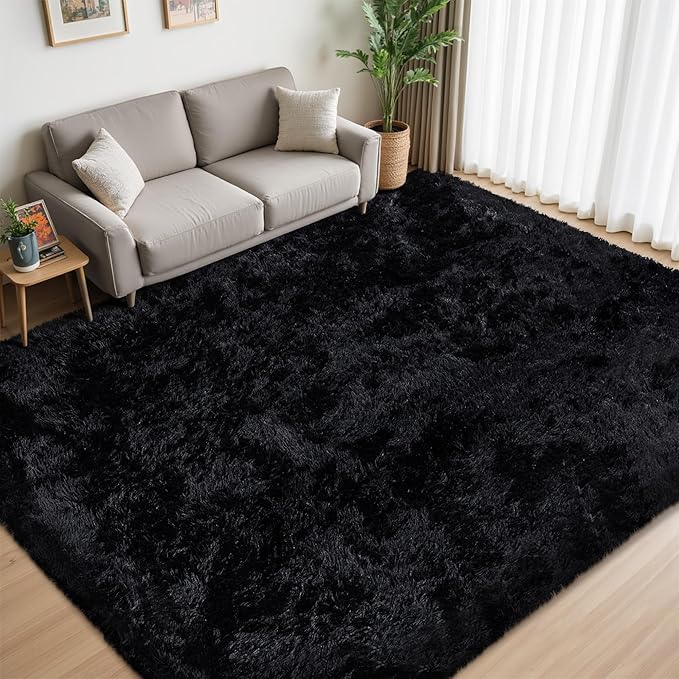 6x9 Area Rug for Living Room:Ultra Soft Fluffy Shag Black Rugs,Large Fuzzy Plush Indoor Non Slip Carpet Washable Rug for Bedroom Kids Nursery Office Dorm Modern Decor(Black 6'x9')