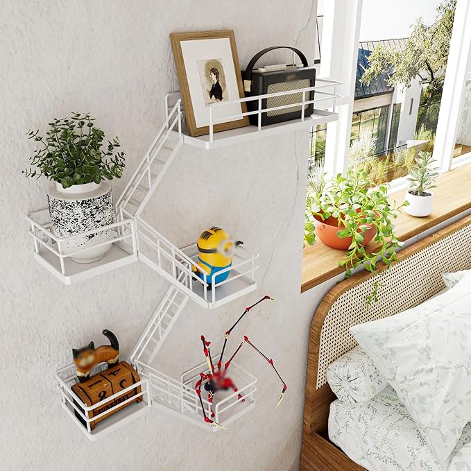 Fire Escape Shelf - 5 Tier Metal White Fire Escape Wall Shelves with Baskets, New York Action Figurine Display Shelf, Unique Rustic Floating Decorative Wall Shelves for Any Room