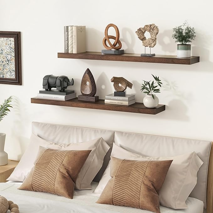 fuqing Rustic Floating Shelves for Wall, 36 Inch Floating Shelves Set of 2, Solid Dark Wood Wall Shelves for Living Room Bedroom Bathroom