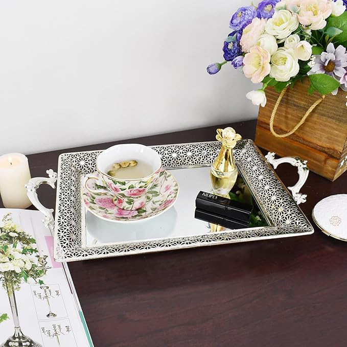 Decorative Mirrored Tray Home Decor Vanity Tray for Dresser Make Up Jewelry Organizer Silver Perfume Tray Rectangle Decorative Serving Glass Mirror