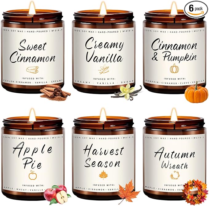 Auelife Scented Candles, 6 Pack Winter Candle Set, 42 oz Holiday Soy Candles, Candle Gifts Set for Men and Women, Home Decor of Wreath/Apple/Latte/Harvest/Vanilla/Cinnamon