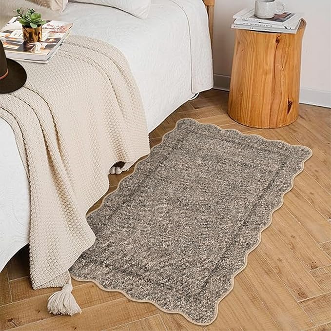 GarveeHome 2x3 Rug, Washable Scalloped Rugs for Entryway, Non Slip Indoor Door Mat, Soft Low Pile Small Area Carpet for Entrance, Bedroom, Kitchen, Laundry, Bathroom, Taupe