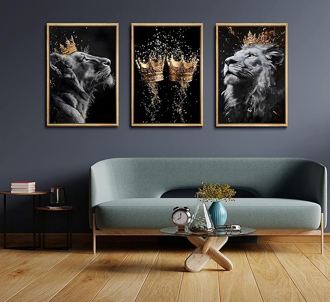 3 Pieces Lion Canvas Wall Art Golden crown with lion Poster print Modern Motivational Black And White Lion Pictures Wall Decor for Living room Office Decoration Unframed