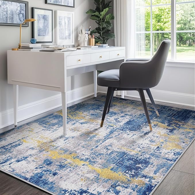 RELEANY Washable Area Rugs 5'x7' Non-Slip Modern Abstract Soft for Living Room Entryway Bedroom Nursery, Print Pattern, Grey Blue Gold/Golden