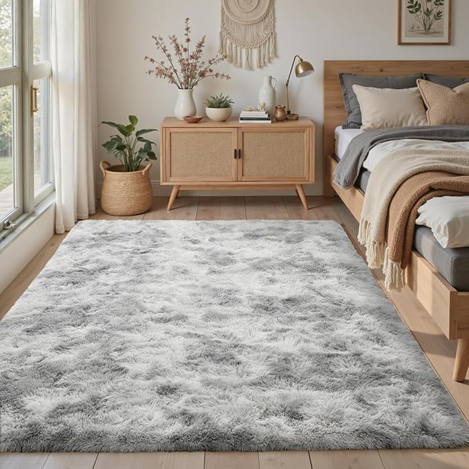 Grey White Rug for Living Room Fluffy 4x6 ft Bedroom Rug Non-Slip Fuzzy Area Rugs Shag Carpet for Nursery Kids Play Room Dorm Office Indoor Soft Modern Plush Carpets Gray
