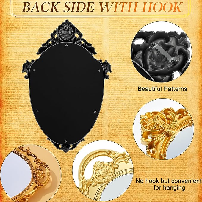 Beeveer 3 Style Vintage Mirrors Set Decorative Oval Wall Mirror Small Antique Mirrored Tray Decorative Hanging Mirror for Bathroom Bedroom Jewelry Organizer Victorian Decor (Shield,Gold)