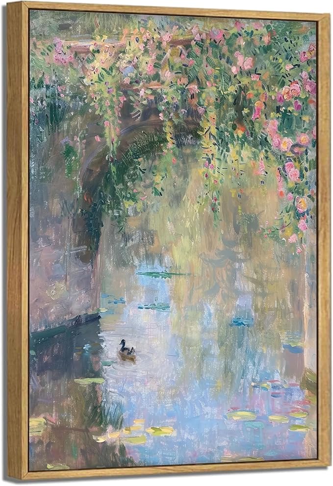 Framed Canvas Wall Art Vintage Country Wall Decor Impressionist Floral Pastel Oil Paintings Vintage Duck Water Print Rustic Bridge Nature Picture for Bathroom Bedroom Kitchen Living Room Farmhouse