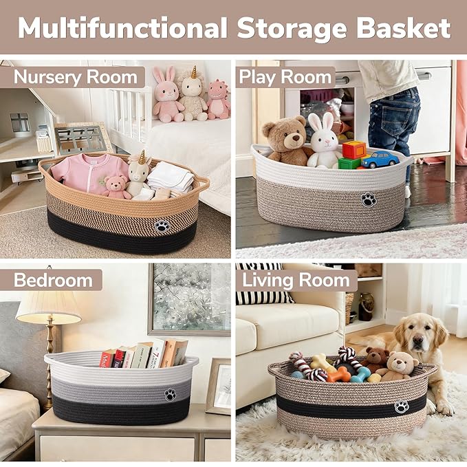 Large Dog Toy Basket, 19.7" X 11" X 7.9" Woven Rope Basket for Toy Storage, Dog Storage Bins with Handles, Gift Baskets Empty for Baby Shower, Mixed-Brown
