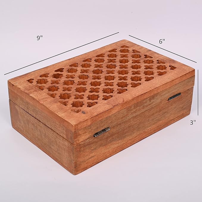 Samhita Mango Wood Decorative Wooden Box with Hinged Lid in Jali Carvings Used as Storage Box Christmas Gifts Items (9" x 6" x 3')