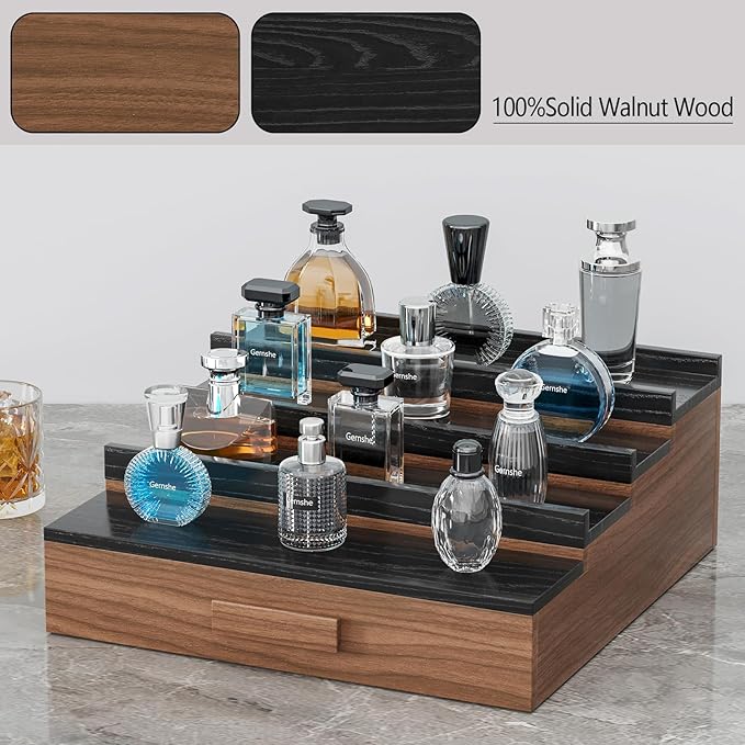 Solid Walnut Cologne Organizer for Men,Cologne Stand,4 Tier Wooden Cologne Holder Shelf Display,Perfume Stand Organizer with Drawer Storage and Hidden Compartment,Gift for Men Dad Husband