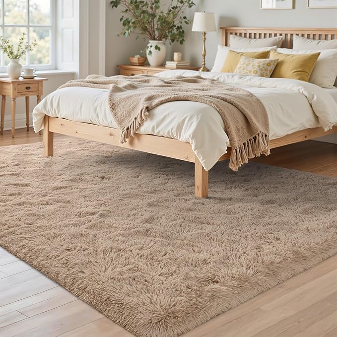 5x7 Living Room Rugs Fluffy Neutral Beige Area Rug，Modern Plush Non-Slip Soft Bedroom Shag Carpet for Book Room Office,Coffee Stain Resistant