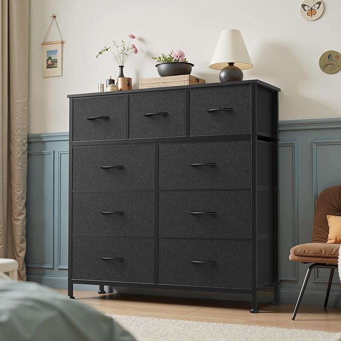OLIXIS 9 Drawer Storage Dresser with Wood Top - Wide Fabric Chest Organizer for Bedroom, Closet, Living Room,Tower Cabinet, TV Stand, Hallway Entryway Furniture,Carbon Black