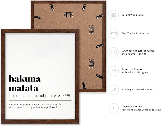 Poster Master Typography Poster - Dictionary Print - Hakuna Matata Definition, Wonderful Phrase, No Worries, Funny, Motivational - Gift for Kids, Friend - Wall Decor for Home, 16x20 Brown Framed