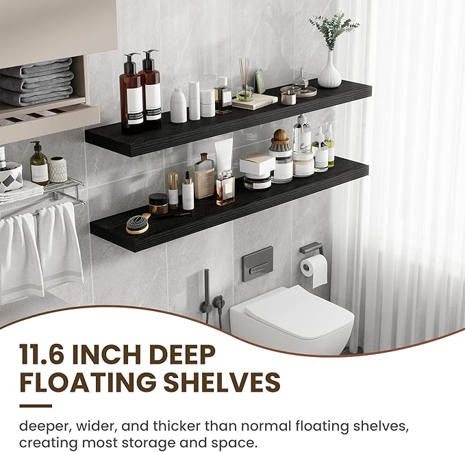 Acovy 55 Inch Floating Shelves, 12 Inch Deep Floating Shelves for Wall, Floating Shelf with Invisible Brackets, Deep Shelves for Bathroom, Bedroom, Living Room, 1 Pack, Black