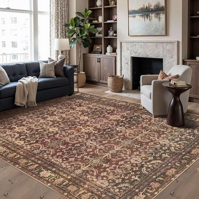 Rugxara 6x9 Area Rugs for Living Room Bedroom, Large Washable Christmas Rug, Vintage Oriental Boho Rug, Non Slip & Low Pile Faux Wool Thin Carpet for Indoor Dining Room, Classroom Dorm and Kids Room