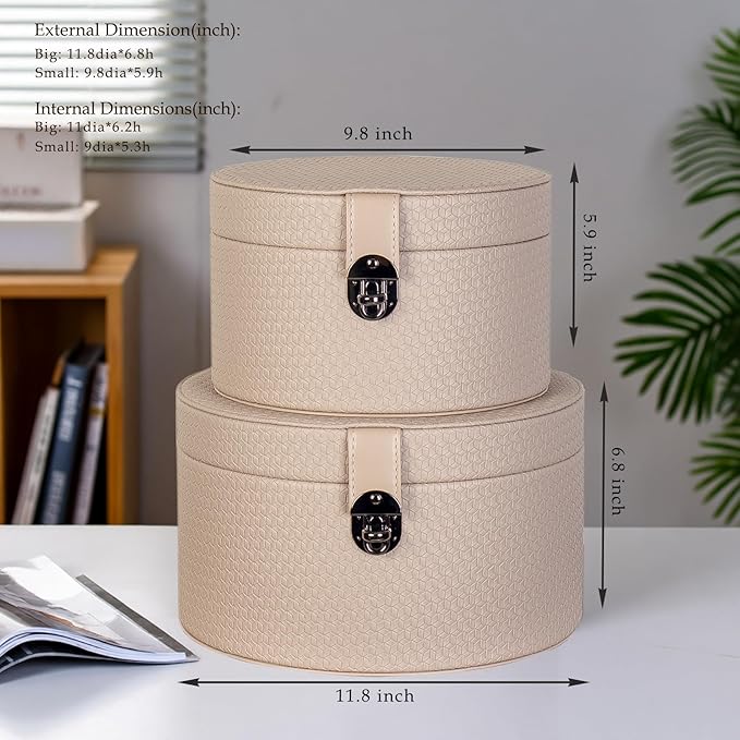 Large Leather Decorative Boxes Set of 2 Round Hat Box Bin Basket with Lid for Shelf Coffee Table Storage Remotes Modern Home Decor (light brown)