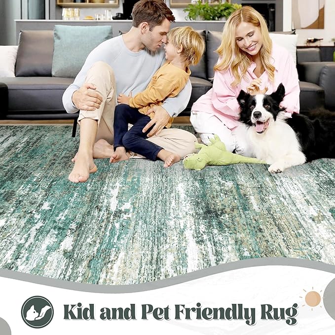 XLUEZ 5x7 Area Rugs for Living Room, Washable Modern Abstract Large Area Rug Neutral Soft Non Slip Kids Rug Stain Resistant Indoor Carpet for Bedroom Nursery Dining Room Playroom(Green, 5'x7')