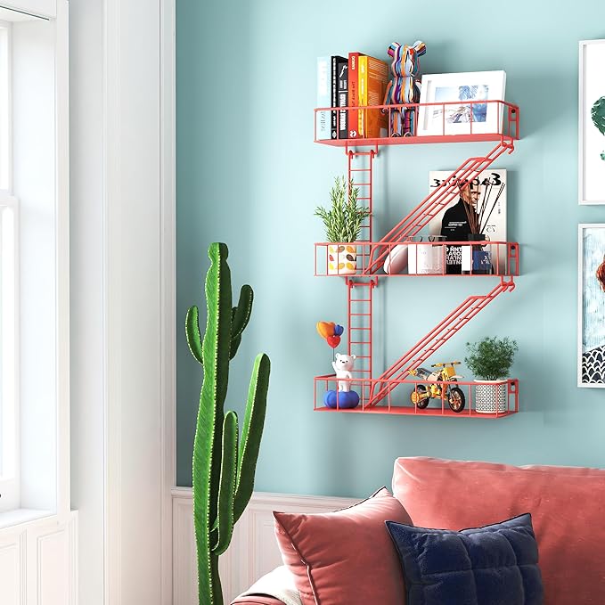 Red Metal Fire Escape Wall Shelf, Unique Decorative Shelves for Wall, New York Shelf Ladder Storage, Funky Knick Knack Shelf Organizer, Industrial Wall Shelves for Bathroom, Living Room