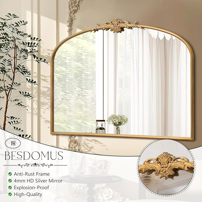 Besdomus Antique Arched Gold Mirror: 40"x29" French Large Vintage Vanity Wall Mounted Mirror - Baroque Decorative Traditional Ornate for Bedroom/Bathroom/Fireplace/Entryway - Home Decor for Homemakers