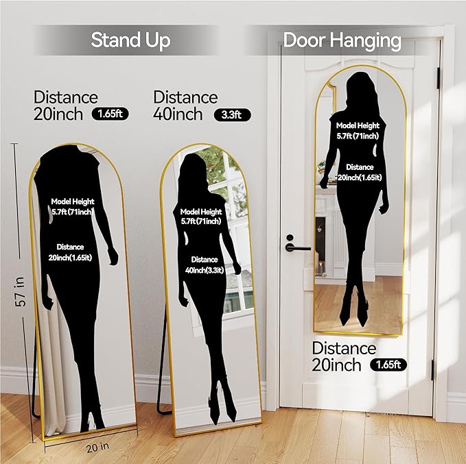 SCWF-GZ 57x20 Door Hanging Full Length Mirror, Floor (Height 5.7ft just Body in1.3ft) or Wall Mounted Metal Frame Arch Dressing Mirrors for Bedroom Bathroom Living Room 57 20 inch Gold