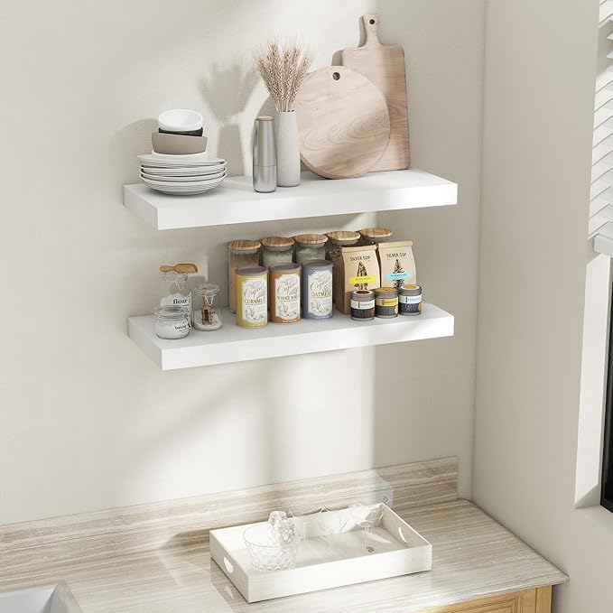 Fun Memories 32 Inch White Floating Shelves for Wall, 12 Inch Deep Shelves for Bathroom|Kitchen|Bedroom, Wall Mounted Rustic Wood Floating Shelf with Invisible Brackets for Books|Storage|Decor, 2 Pack