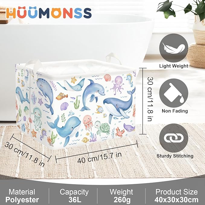 Sea Animals Laundry Hamper Ocean Fish Coral Large Storage Basket Parents Organizer Kids Clothes Toy Bins for Bedroom, Bathroom, Blue Whales, 36L